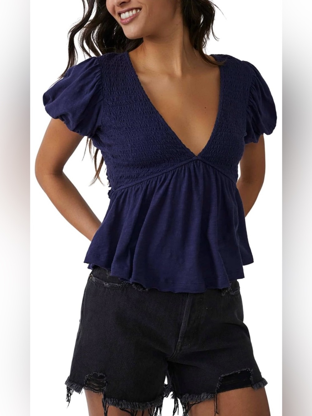 Free People Blue Charlotte V-Neck
Smocked Open Back Top Puff Sleeves